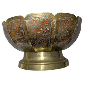 Vintage Brass pedestal Bowl Engraved Floral Design Handcrafted India